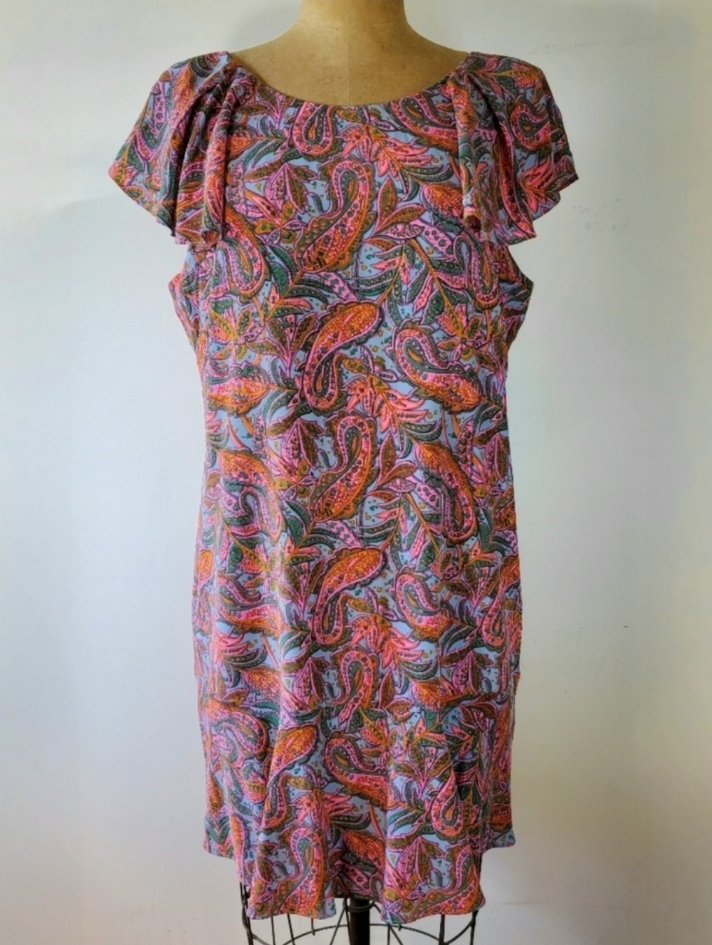 J. Crew Size 16 Dress Silk Ruffle Paisley Blue Pink Floral Flutter Sleeve Lined